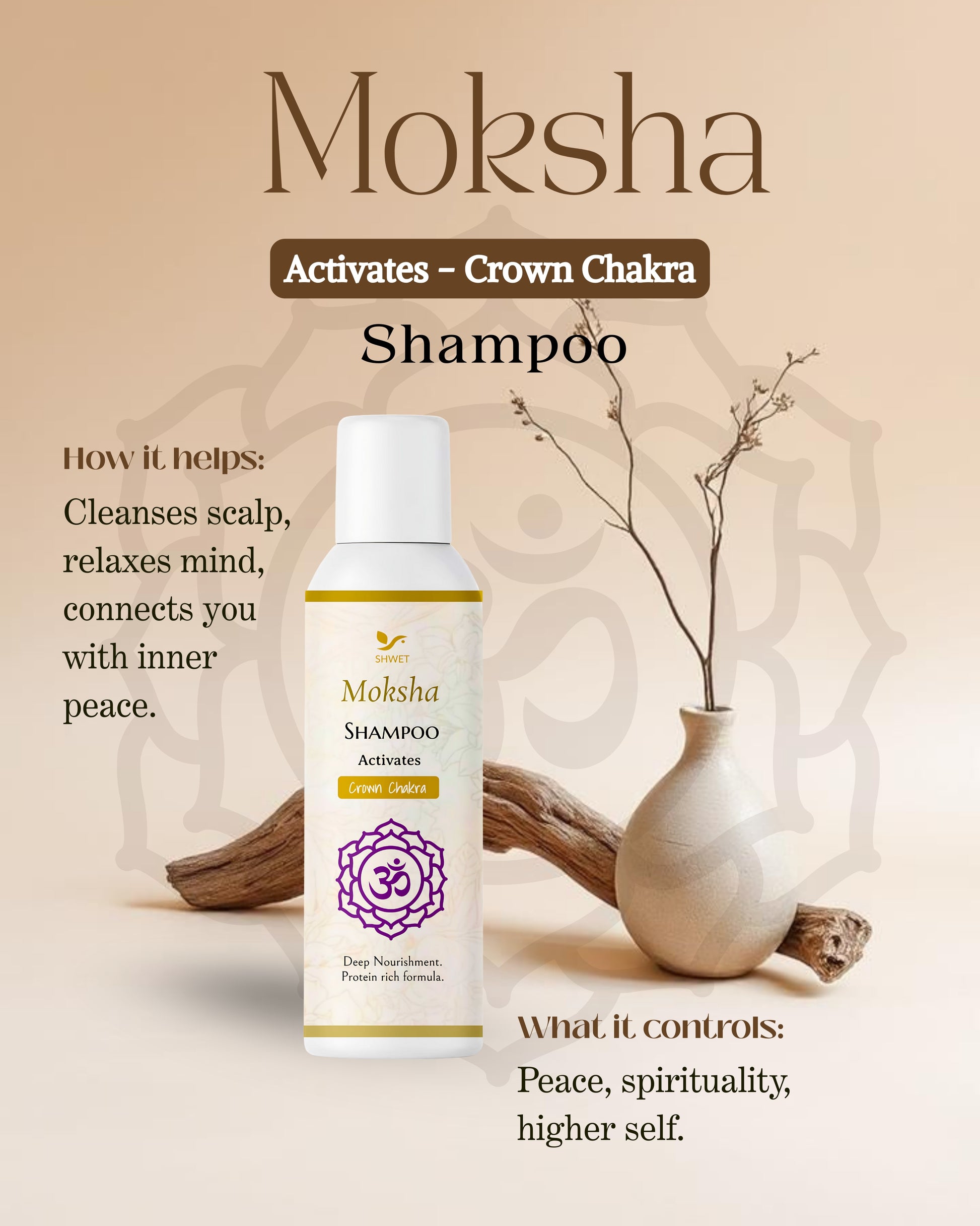 Moksha Shampoo for activating chakras, cleanses scalp, promotes inner peace and enhances spiritual well-being.