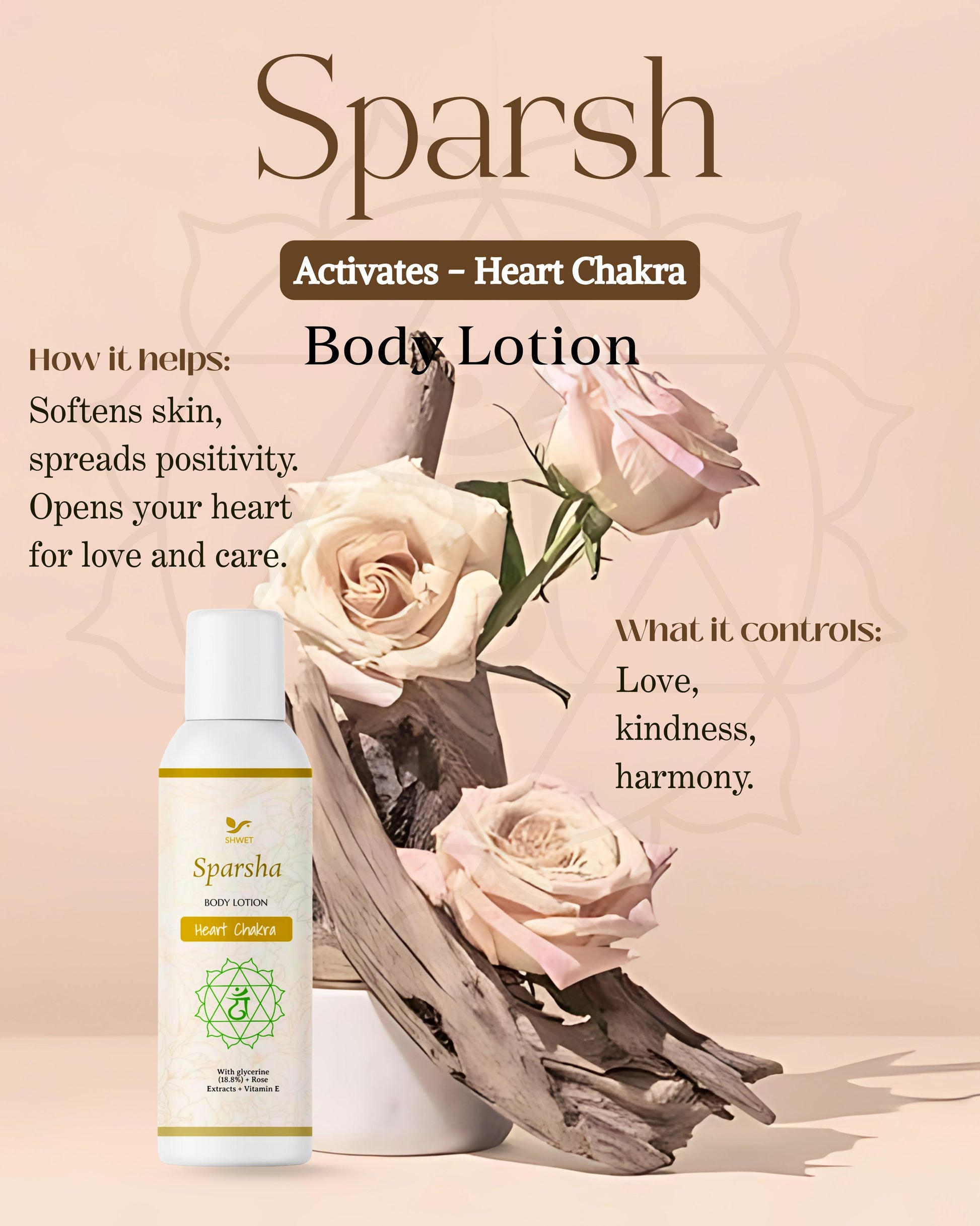 Sparsh body lotion for heart chakra activation, promoting love and harmony with softening skin effects.
