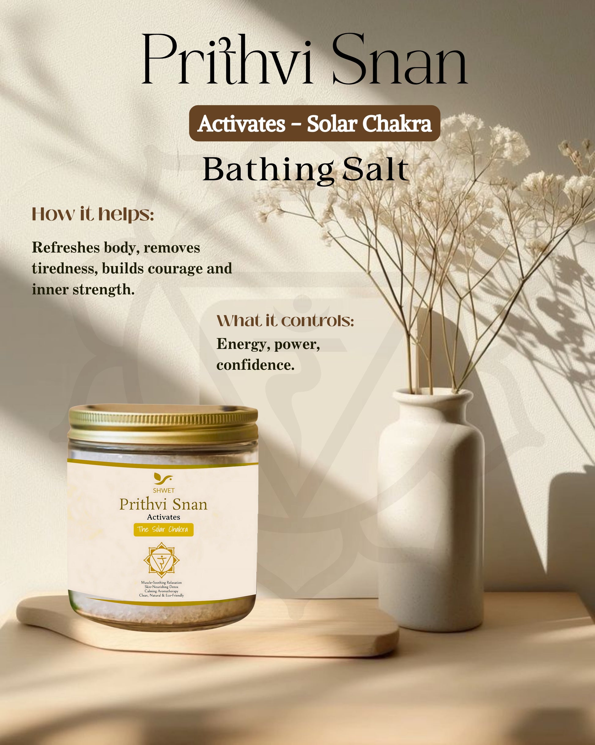 Prithvi Snan bathing salt activates solar chakra for chakras, enhancing energy, power, and confidence.