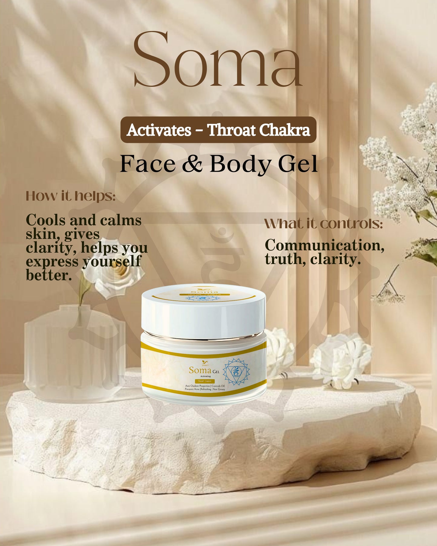 Soma Face & Body Gel for Throat Chakra activation, promoting communication and clarity in skin health.