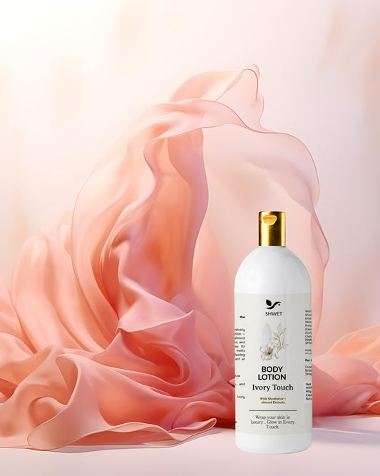 Best moisturizer for dry skin - Shwet Ivory Touch Body Lotion on soft pink fabric background.